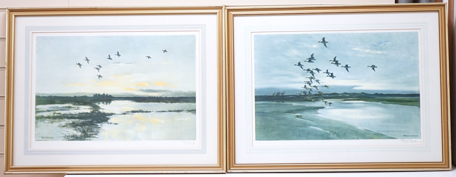 Sir Peter Markham Scott (1909-1989) ‘Widgeons beyond the dunes’ and ‘Mallard in a mellow sky’, each signed in pencil, each with labels verso, pair of colour prints, published by Arthur Ackermann & Son Ltd., 1946 and 1949
